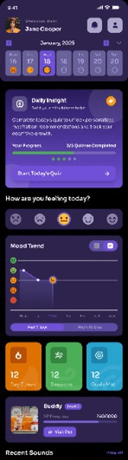 Ventro Core home screen showing mood tracking, daily insights, and wellness stats