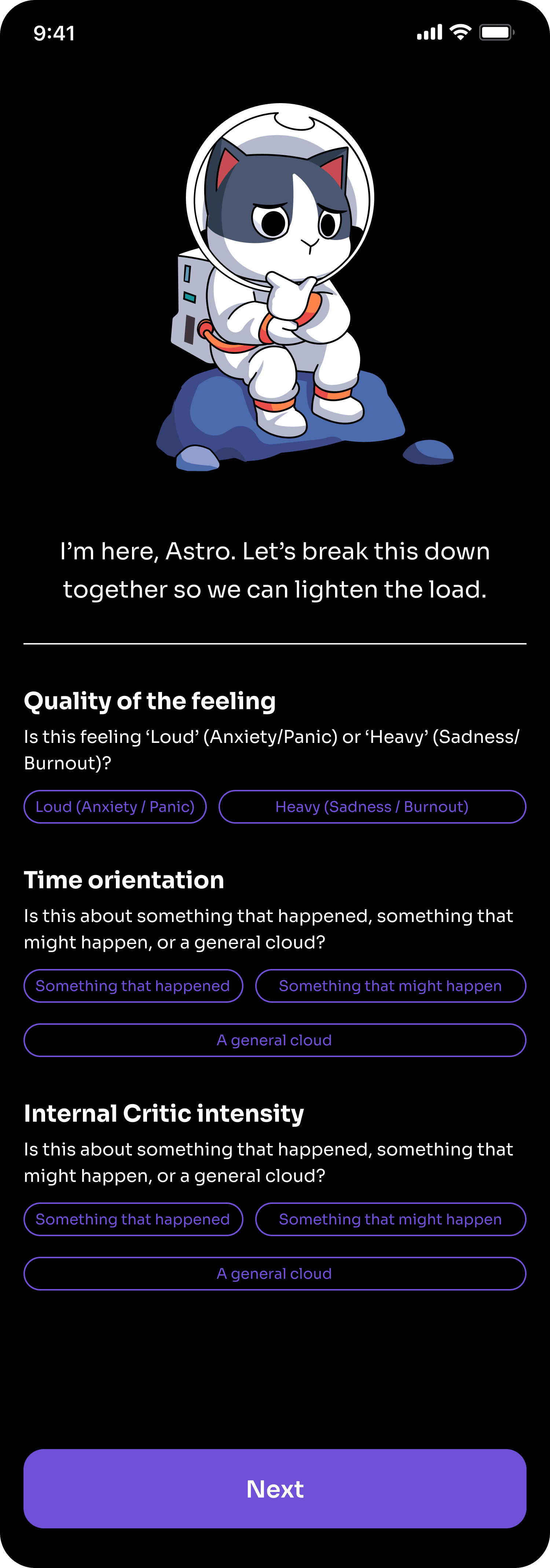 Ventro Core guardian check-in with Astro, helping you unpack how a feeling shows up